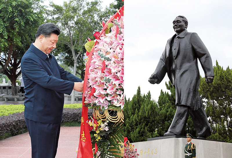 2020年10月14日，深圳經濟特區(qū)建立40周年慶祝大會在廣東省深圳市隆重舉行。中共中央總書記、國家主席、中央軍委主席習近平在會上發(fā)表重要講話。這是當天下午，習近平來到蓮花山公園，向鄧小平同志銅像敬獻花籃。 新華社記者 王曄/攝